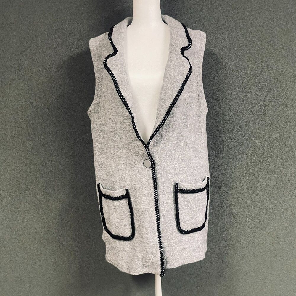Tahari Long XL Wool Blend Vest Gray Collared Black Trim Minimalist Fall Fashion